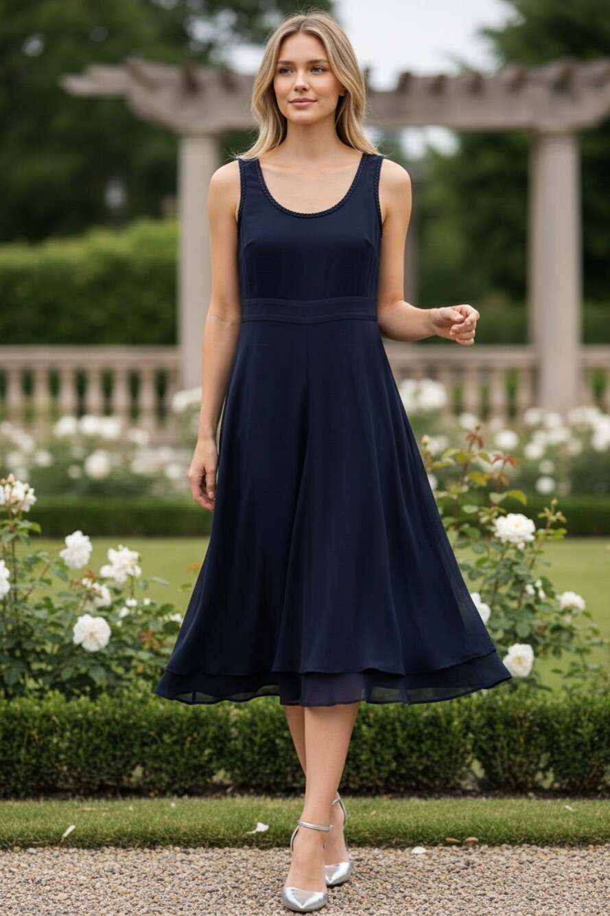 Tory Burch Camilla Navy Midi Dress 8 Fitted Top Swing Skirt Lined Wedding Guest